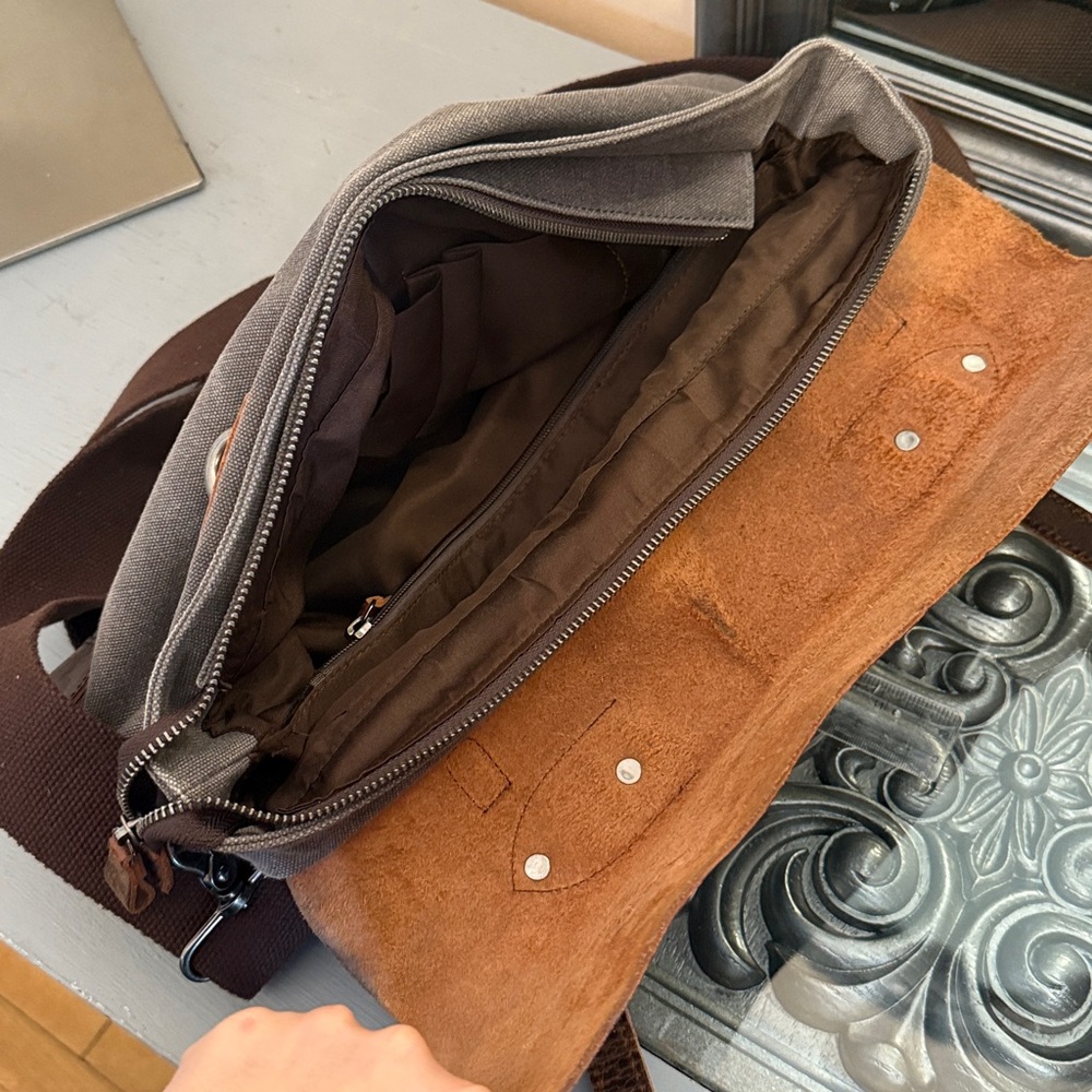 Brown and Gray Leather Messenger Bag - Picture 8 of 9